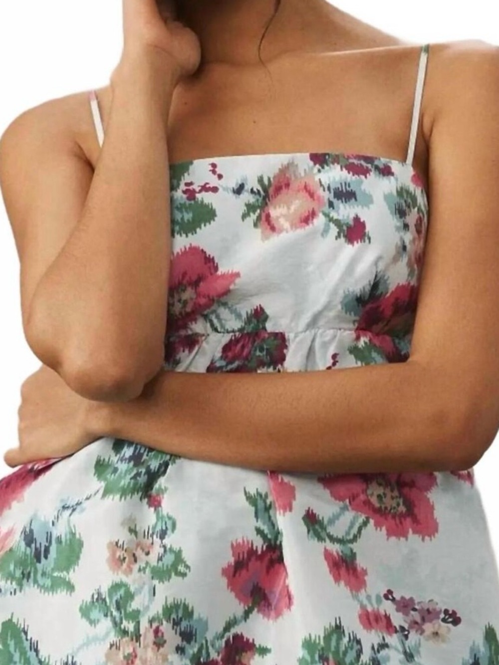 Anthropologie Light Blue Strapless Floral Sundress with Pink Accents